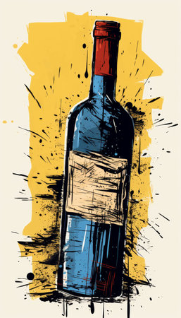 Abstract Wine Bottle Art with Yellow Splash Illustration.の素材