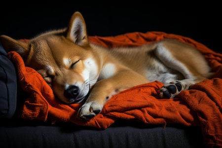 Cozy Shiba Inu Dog Asleep on Orange Blanketの素材