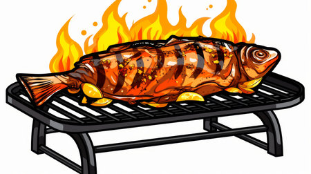 Grilled Fish on Barbecue with Flaming Charcoal Illustration.の素材