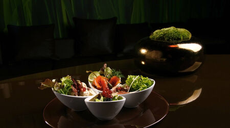 Mixed starter plates on dark brown .の写真素材