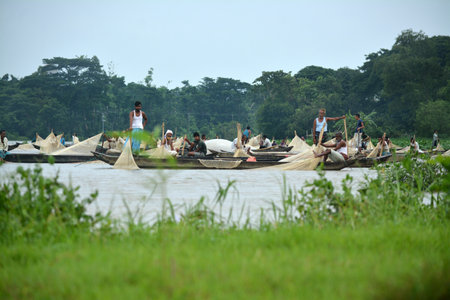 Chittagong,Bangladesh on 22 May 2020 Halda river in chittagong is a natural fish breeding center. Fishermen are catching fry of advanced speciesの写真素材