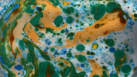 Abstract background of acrylic paint in blue, green and yellow tones.の写真素材