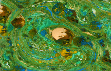 Marbled blue abstract background with golden sequins. Liquid marble ink patternの写真素材