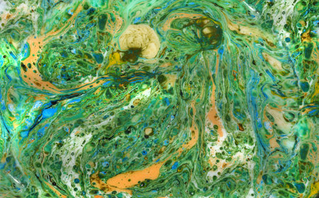 Abstract background of acrylic paint in green and blue tones. Liquid marble pattern.の写真素材