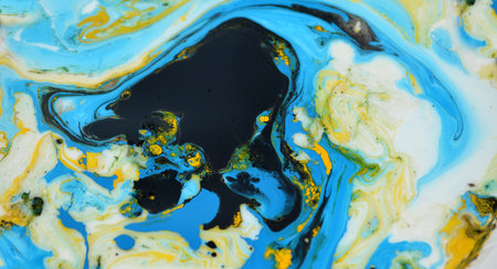 Blue and yellow abstract acrylic background. Marbling artwork texture. Agate ripple pattern. Gold powder.の写真素材