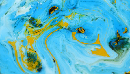 abstract background with blue and yellow paint splashes, closeupの写真素材