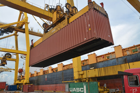 Port cargo crane, ship and container cargo freight terminal for Logistic Import Export background
