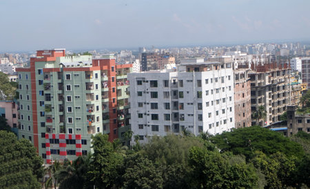 High rise building in the city, view from the top of the buildingの写真素材