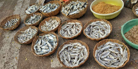 Different Types of Dry fish in baskets.