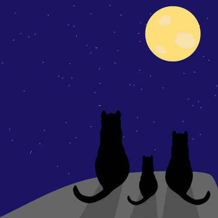 Silhouette of three black cats with full moon and stars on the skyのイラスト素材