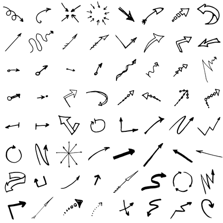 Pointers, arrows and other signs set. Vector image in black and white. Doodle ink, hand drawn.のイラスト素材