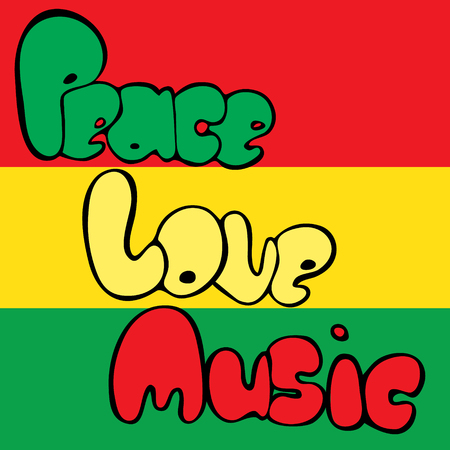 Design of Peace, Love and Music in bubble style in green, yellow and red colors.のイラスト素材