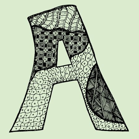 Sketchy letter A on light-green background. Free hand drawn. Vector illustration.のイラスト素材