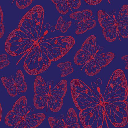 Seamless abstract pattern background with flying hand drawn butterflies. Vector illustration.のイラスト素材