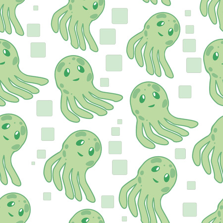 Cute happy jellyfish cartoon character seamless pattern sea animal vector illustration. Nature animal aquatic medusa, aquarium tropical marine.のイラスト素材