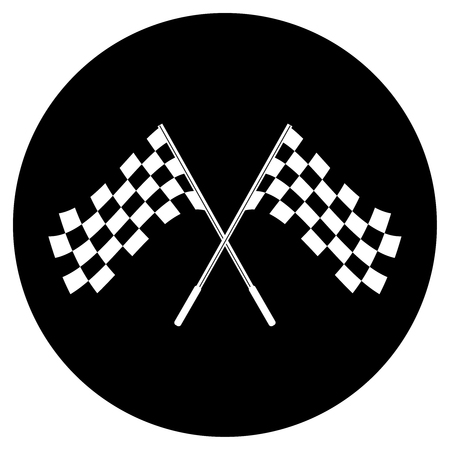 Crossed black and white checkered flags logo conceptual of motor sport, isolated on dark round backgroundのイラスト素材