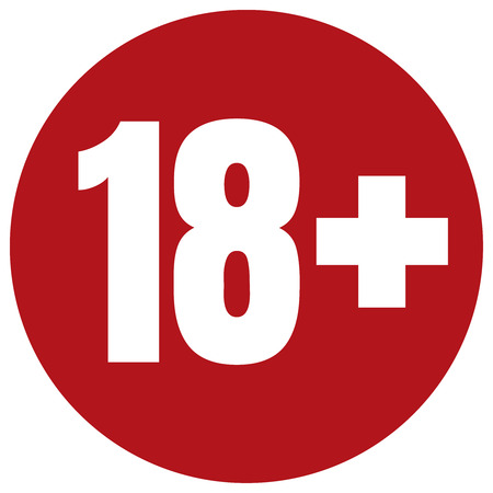 Limit age icon on red background. Icons age limit from 18, vector flat illustration.のイラスト素材
