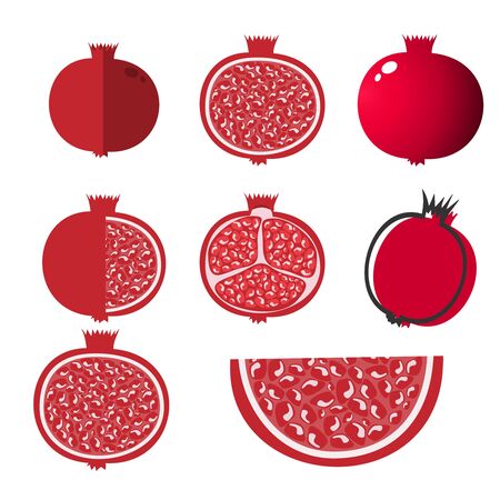 Whole pomegranate design juicy fresh fruit icon set. Raw red pomegranate flat cartoon vector illustration template.のイラスト素材