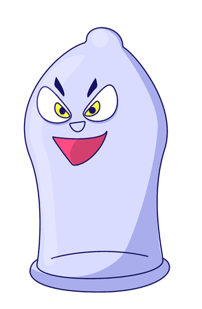 Funny cartoon condom rubber unwanted pregnancy prevention, fertilization. Vector character isolated on white background. Safety sex, xxx, no HIVのイラスト素材