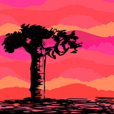 Hand drawn black tree without leaves on red foggy smoky misty . Branches of baobab plant on vector illustration. Simple sketch.のイラスト素材