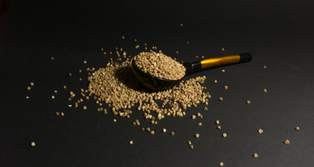 Raw brown buckwheat lies in a Khokhloma spoon and grains are scattered aroundの写真素材