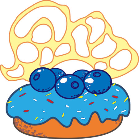 Donut cake with blue blueberry and blueberry icing and caramel decoration. Vector illustrationのイラスト素材