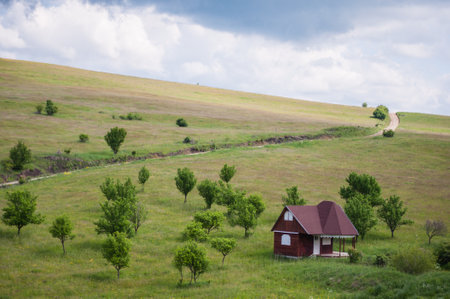 A picturesque log cabin surrounded by lush green meadows and gentle rolling hills under a partly cloudy sky. This tranquil rural retreat offers an idyllic escape into nature, perfect for relaxation, outdoor exploration, and appreciating Romania's unspoiled countryside beauty.の写真素材