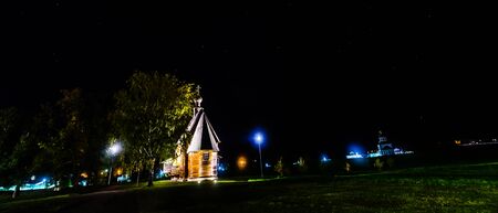 The white stone Cathedral with beautiful domes in Suzdal at nightの写真素材