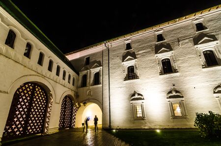 The white stone Cathedral with beautiful domes in Suzdal at nightの写真素材