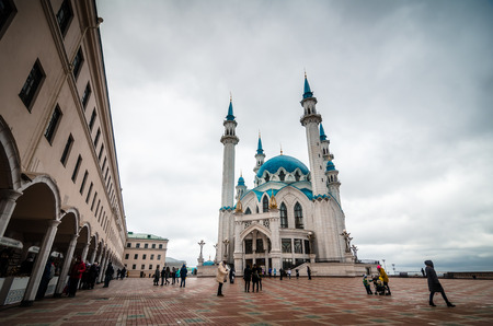 Big square with tourists in front of mosque of Kul-Sharif in Kazan Kremlin.の写真素材