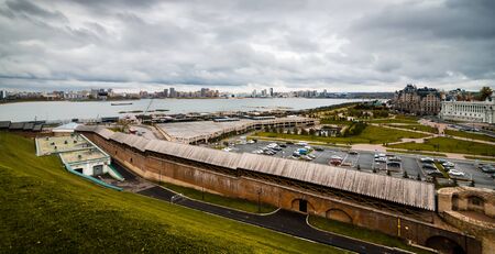 View of city of Kazan and territory of Kazan Kremlin in gloomy day, Russian Federation.の写真素材
