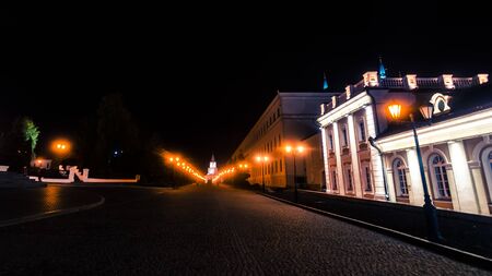 Lanterns burning on street inside of Kazan Kremlin, Kazan city.