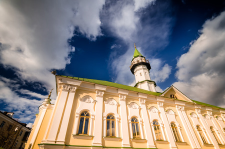 Amazing view of Al-Mardjani mosque on background of cloud in blue sky, Kazan city.