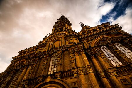 From below view of brick old belfry of Epiphany Cathedral, Kazan city.の写真素材