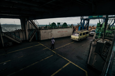 Interior of loaded ship ready to leave for island of Koh Pangan, Thailand.のeditorial素材