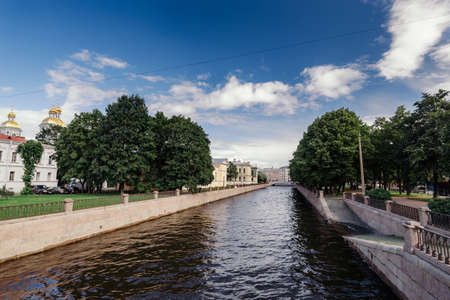 Landscape of channel water flowing in city with wonderful architecture in Saint Petersburg.