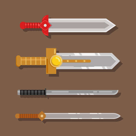 collection of flat sword designs on a brown background. can be used as symbol.のイラスト素材