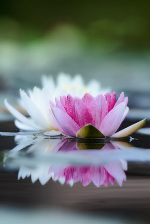 Pink water lily on the water surfaceの写真素材