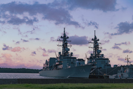 Port where the destroyer Yugiri is anchoredãNavy at sunset.のeditorial素材