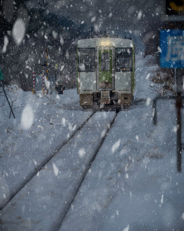 Old train on the tracks in the snowfall. Tatra Mountains, Polandのeditorial素材