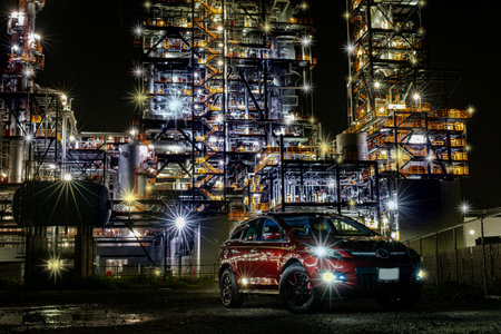 Night scene of an oil refinery plant with a car in the foregroundのeditorial素材