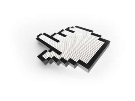 3D mouse pointer illustration. Computer generated rendering of a hand mouse cursor. The image is set on a white background, with a subtle shadow below the cursor.の写真素材