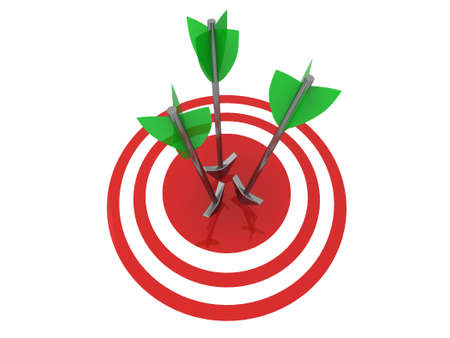 Illustration of three arrows hitting the centre of a glossy target. Isolated on white.の写真素材