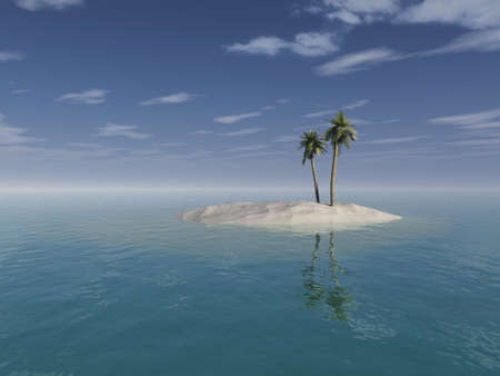 Tropical desert island. Photo-realistic computer generated illustration of a small desert island with coconut palm trees. Scene associated with relaxing, holidays/vacations.の写真素材