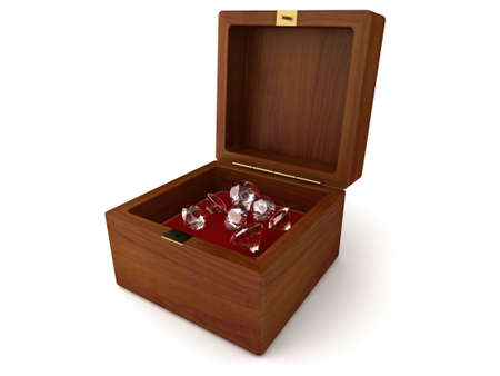 Illustration of a velvet lined, wooden box of sparkling diamonds. Isolated on a white background.の写真素材