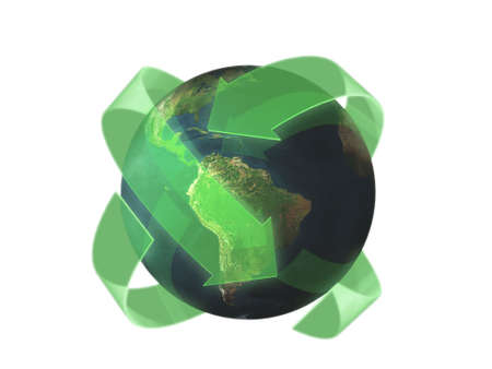 Digital illustration of the world with green arrows to represent recycling or the environment generally.の写真素材