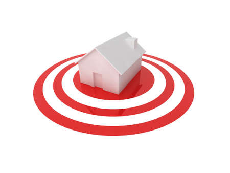 3D illustration of a white house in the centre of a glossy red target.の写真素材