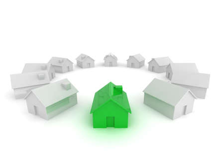 Illustration of a circle of houses with one standing out.の写真素材