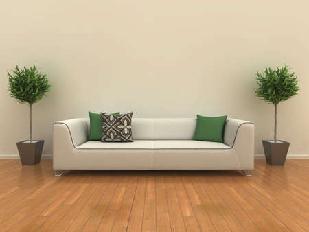 Illustration of a sofa on a shiny wooden floor with a plant either side.の写真素材