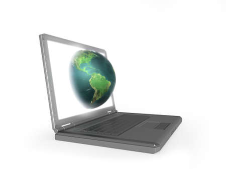 Illustration of a laptop with 3D earth appearing from the screen. Could be used to represent the...